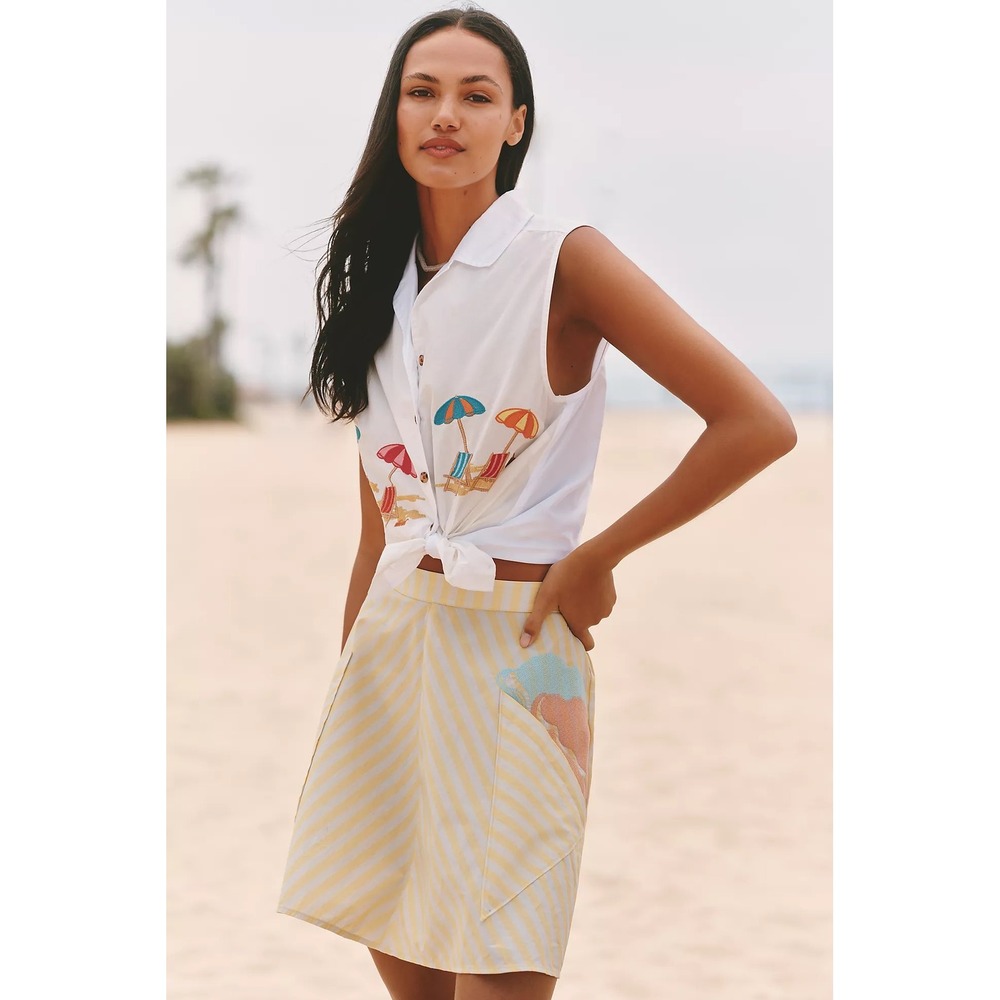 Anthropologie Celandine Striped Ice Cream Mini Skirt Yellow White Cotton Small